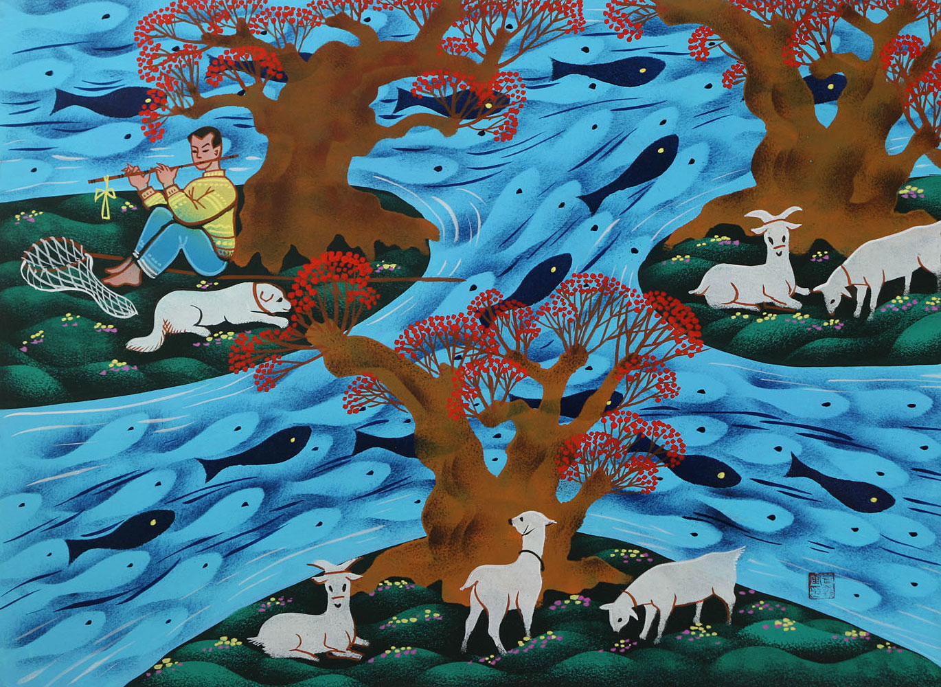 Flute with Audience of Goats and Fish - Chinese Folk Art Painting