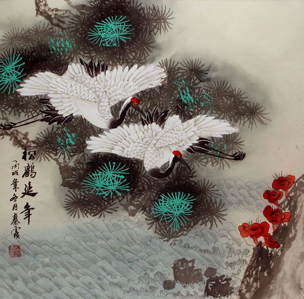 Chinese Crane Birds and Pine Tree Painting