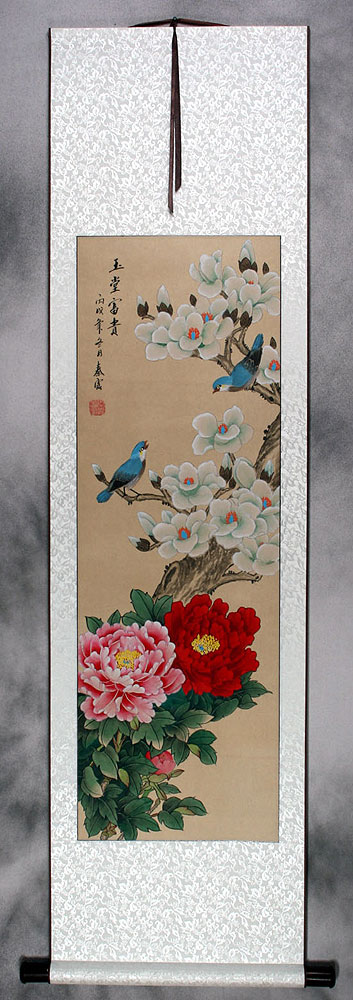Little Birds, Yulan & Peony Flowers Wall Scroll