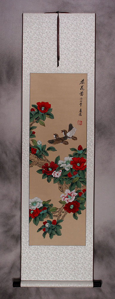 Mountain Tea (Camellia Flower) and Finches Wall Scroll