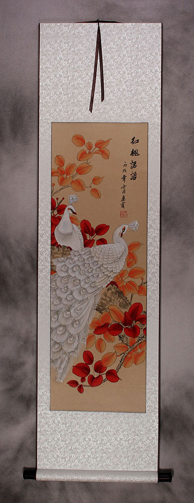 Red Maple Flowers - Autumn Peacock Wall Scroll