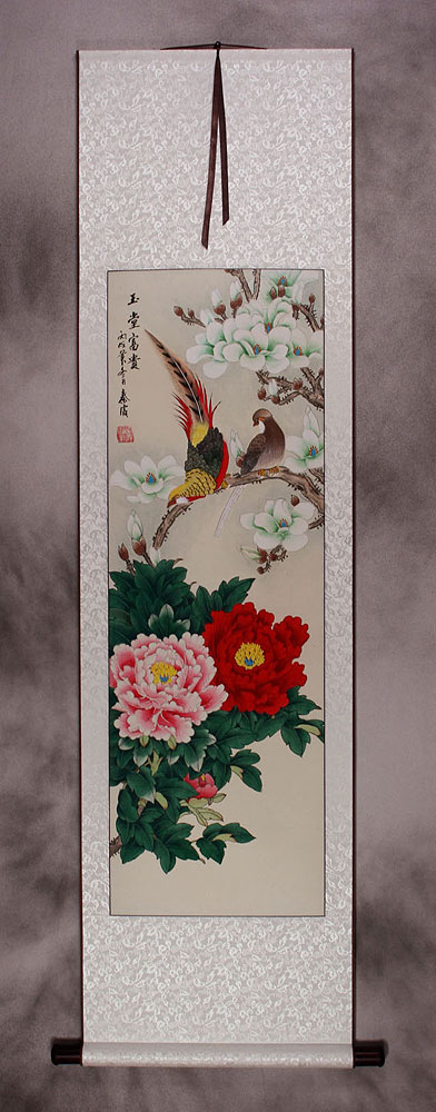 Chinese Pheasants, Yulan & Peony Flowers Wall Scroll