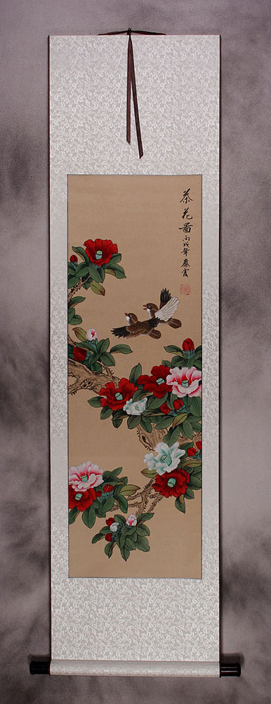 Mountain Tea (Camellia Flower) and Finches Wall Scroll
