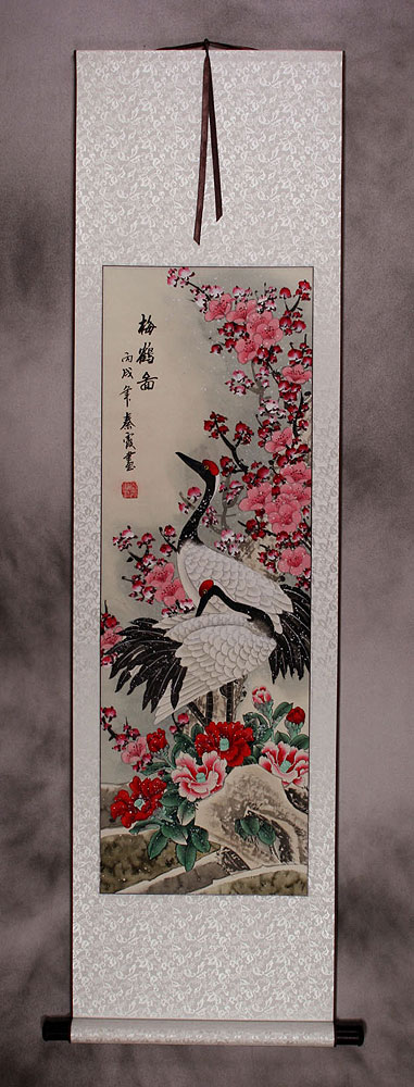 Plum Blossoms & Cranes Welcoming The Spring Wall Scroll