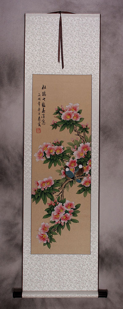 Announcement of Spring - Birds & Peach Blossoms Wall Scroll