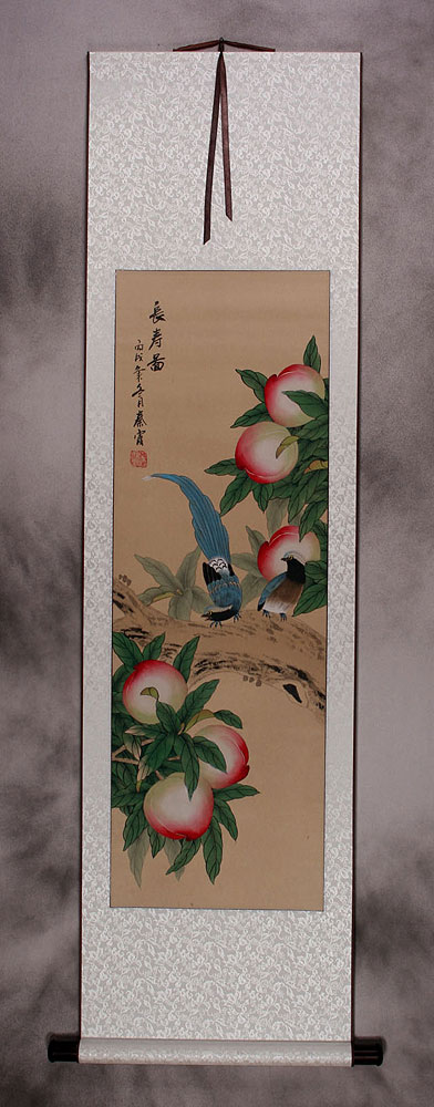 Many Good Wishes and a Very Long Life Peach Tree Wall Scroll