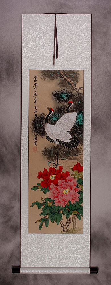 Long Life Full of Riches and Honor - Cranes, Pine Tree & Flowers Wall Scroll