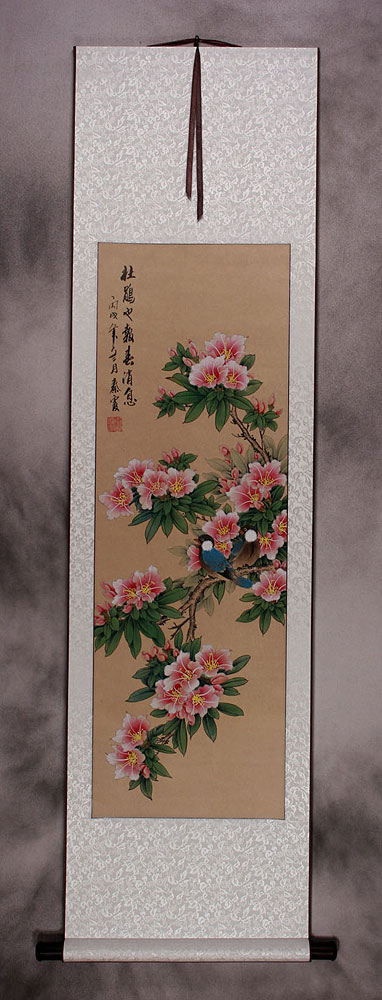 Announcement of Spring - Birds & Peach Blossoms Wall Scroll
