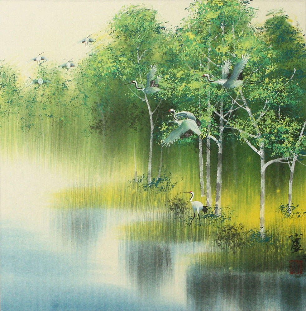 Spring / Summer Asian Cranes Landscape Painting
