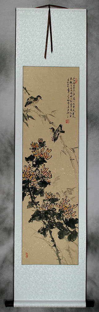 Birds and Chrysanthemum Flowers Wall Scroll