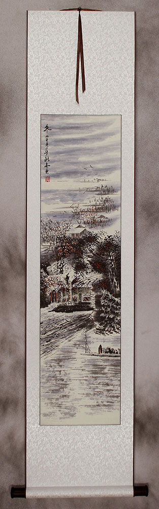 Winter Homes in the Mountains Landscape Wall Scroll
