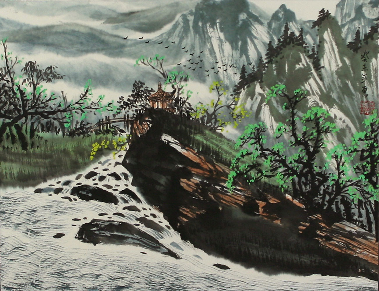 Springtime Riverside Village Landscape Painting