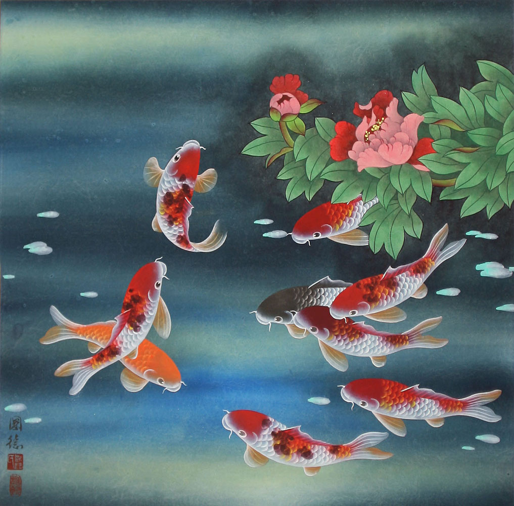 Nine Koi Fish and Flowers Asian Painting - Chinese Art