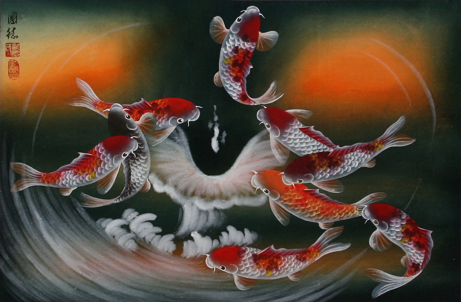 Nine Koi  Fish  Masterpiece Painting Chinese Art 