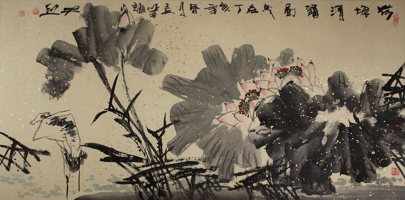 Traditional Lotus Flower Pond and Cranes Large Painting