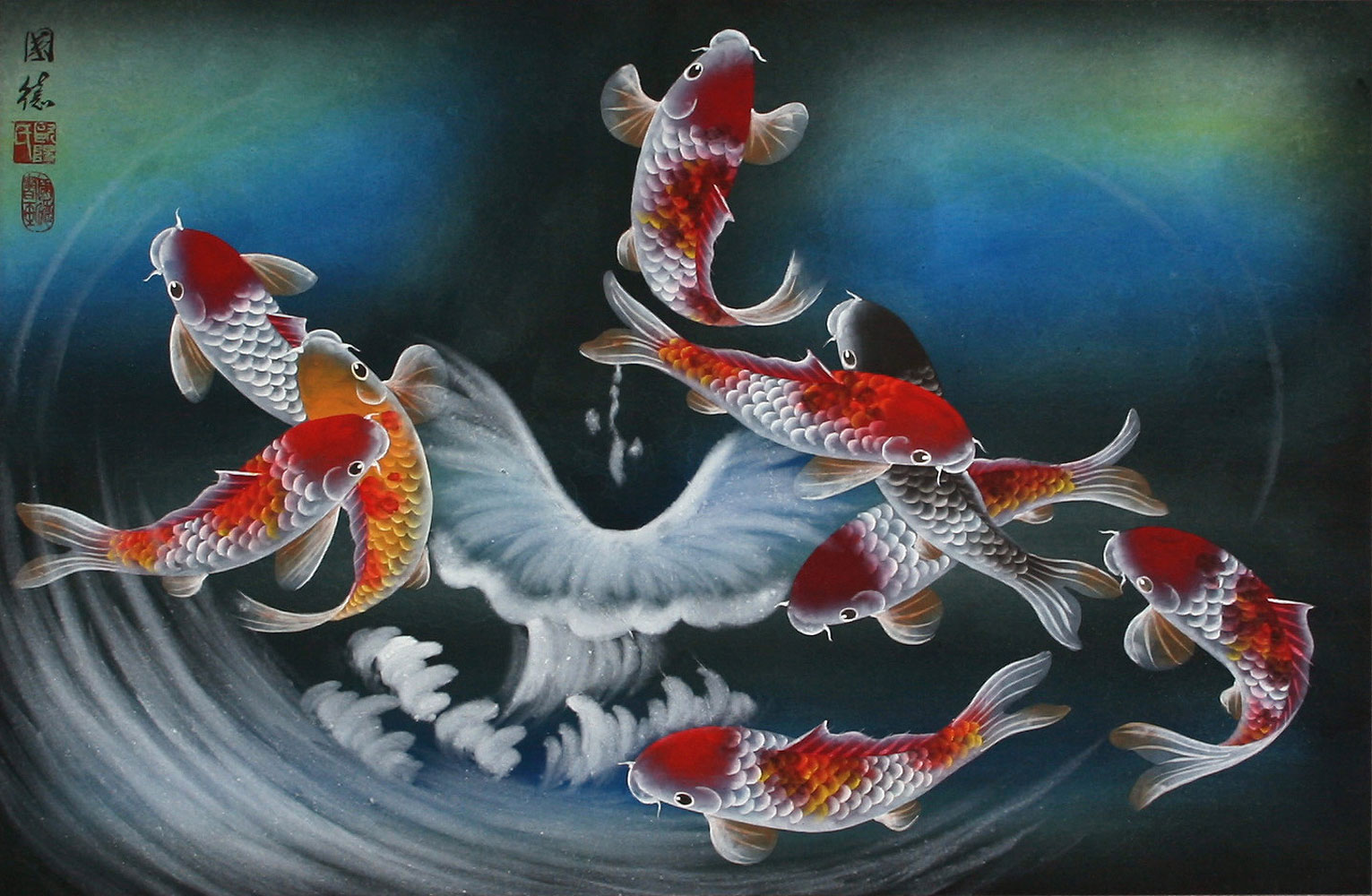 Nine Koi Fish Blue Dreams Painting Chinese Art