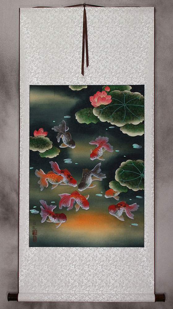 Gold Fish & Flowers - Asian Scroll