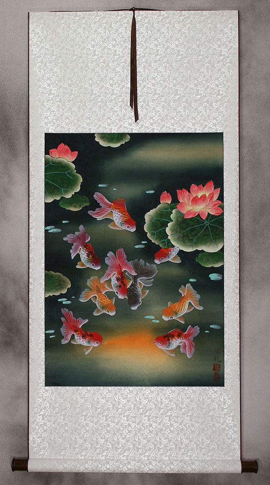 Gold Fish & Flowers - Asian Scroll