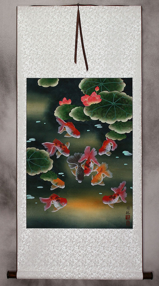 Gold Fish & Flowers - Asian Scroll
