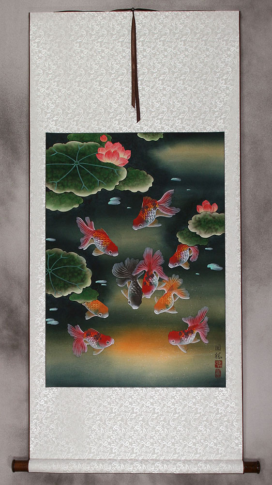 Gold Fish & Flowers - Asian Scroll