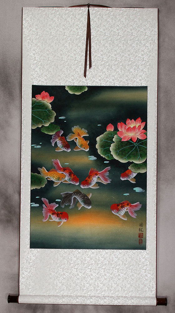 Gold Fish & Flowers - Asian Scroll