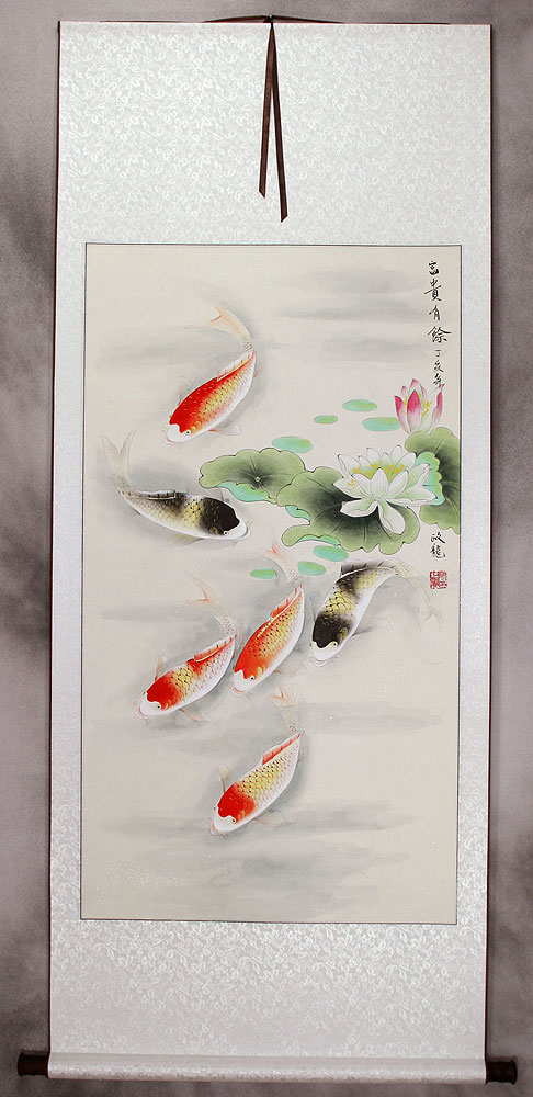 Japanese Koi Fish and Lotus - Silk Scroll