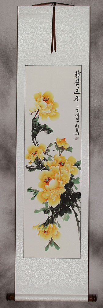 Yellow Peony Flower Wall Scroll