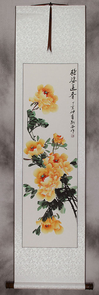 Yellow Peony Flower Wall Scroll