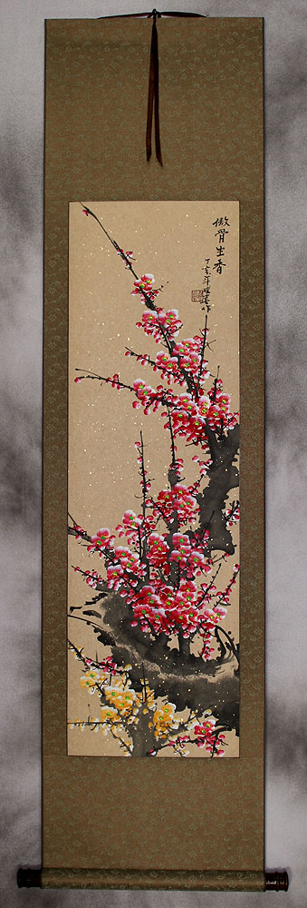 Reddish-Pink and Yellow Plum Blossom Wall Scroll