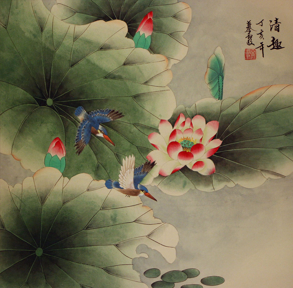 Kingfisher Birds - Lotus Pond Painting - Asian Art