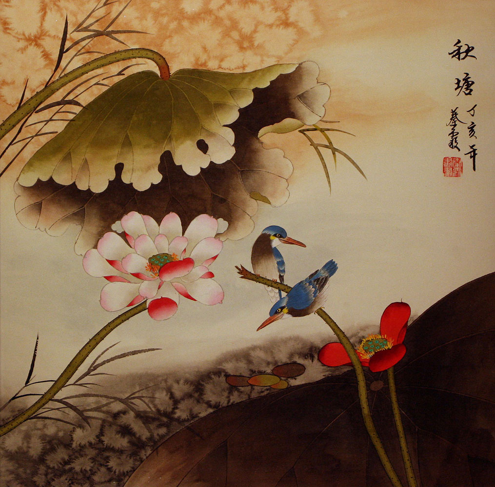 Kingfisher Birds - Autumn Pond Painting