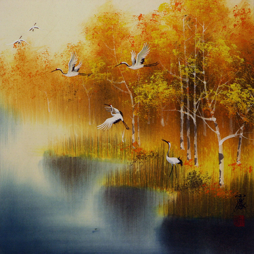 Autumn Rhyme - Colorful Asian Cranes Painting