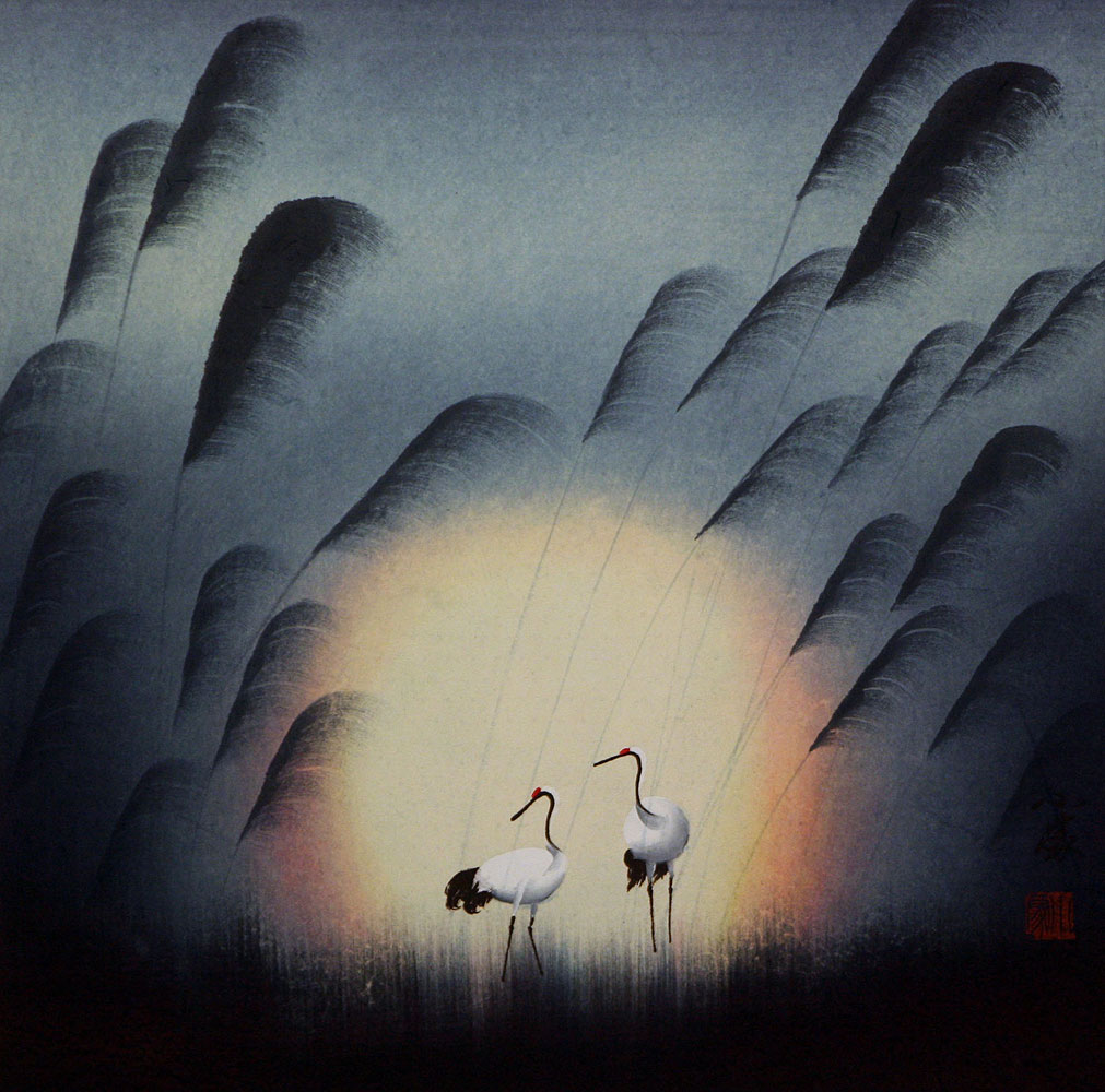 Cranes in Reed Grass - Asian Art Painting