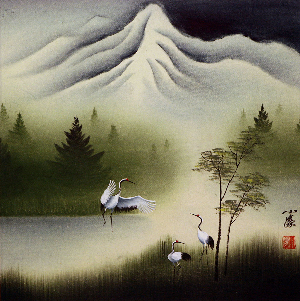 Cranes Dance at Pine Mountain - Asian Art Painting - Asian Art