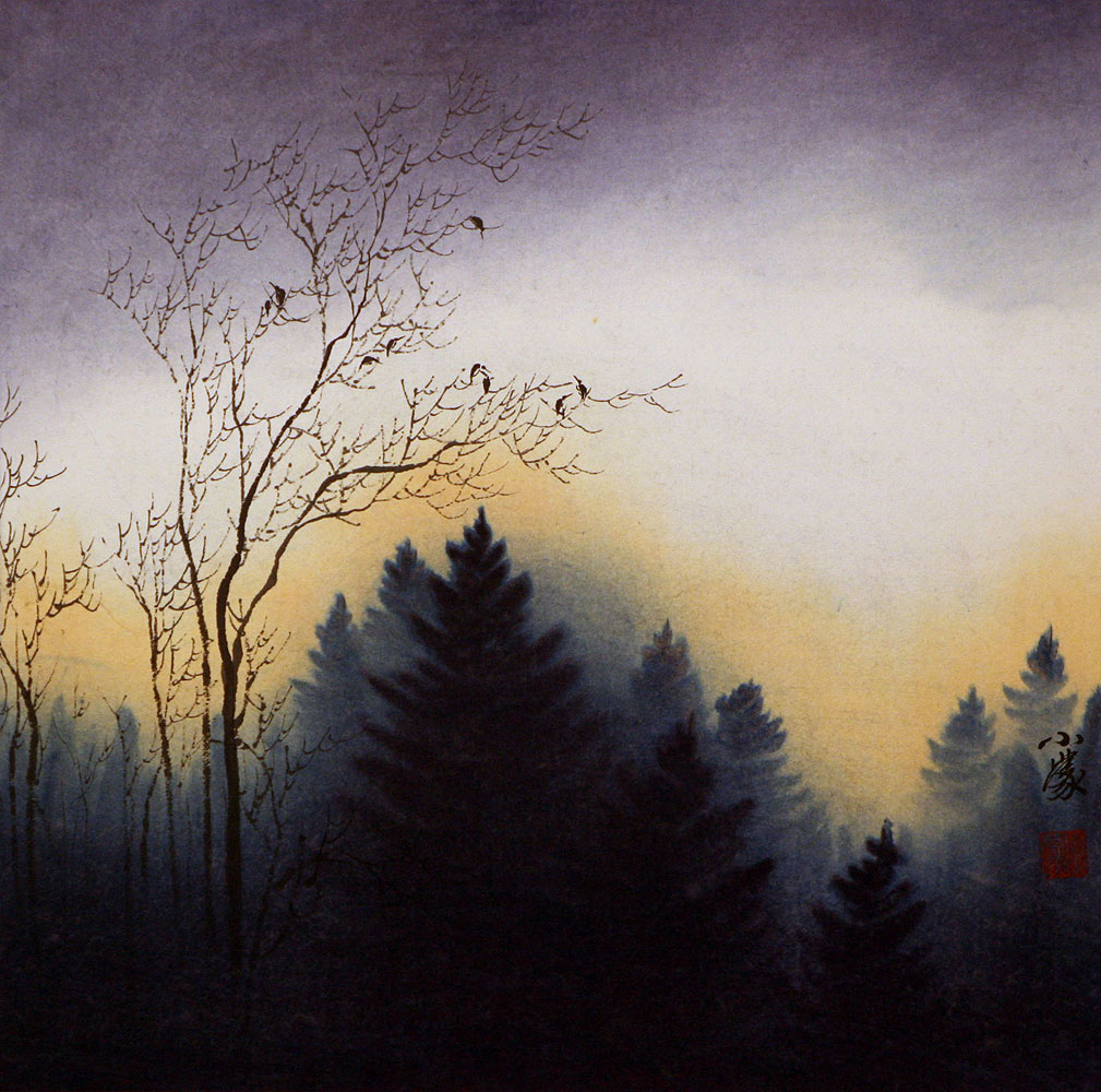 Twilight Birds - Colorful Asian Landscape Painting