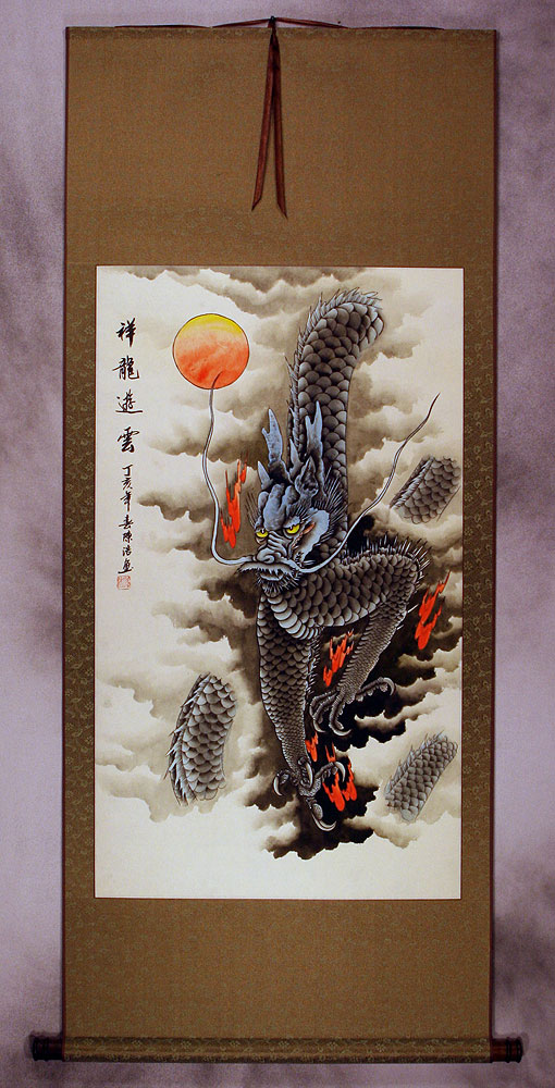 Good Luck Dragon Flying in the Clouds Wall Scroll