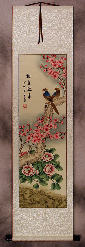 Sparrows and Plum Blossoms Welcoming The Spring Wall Scroll