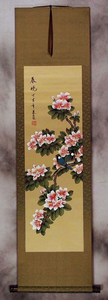 Hints of Spring - Birds & Peach Blossoms Wall Scroll