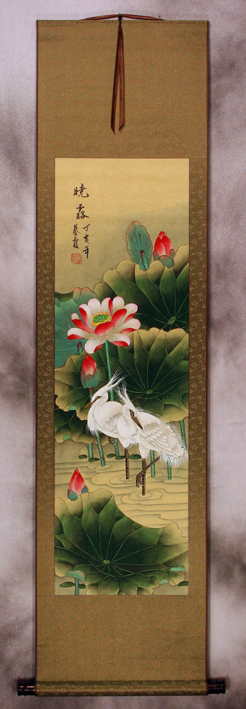 Morning Dew of the Lotus Pond - Egrets Wall Scroll