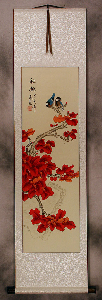 More Red than the Leaves of Early Spring - Birds and Flowers Wall Scroll