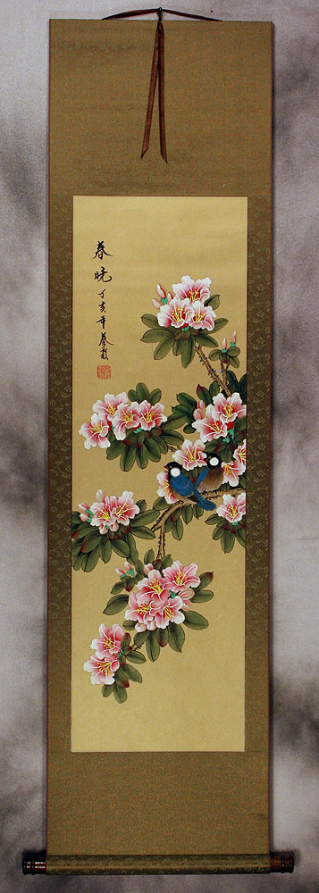 Hints of Spring - Birds & Peach Blossoms Wall Scroll