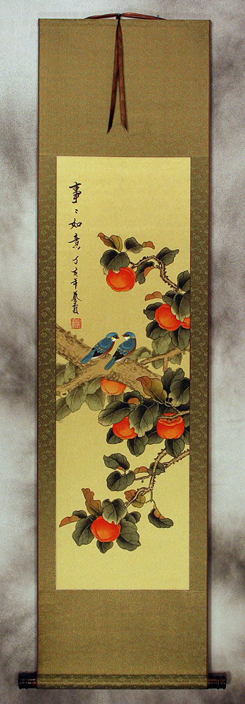 Everything As You Wish Birds & Persimmon Wall Scroll