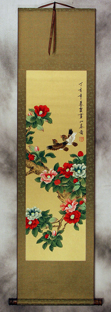 Mountain Tea (Camellia Flower) and Finches Wall Scroll