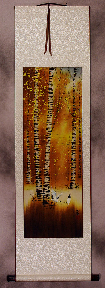 Autumn in Birch Forest - Asian Cranes Wall Scroll