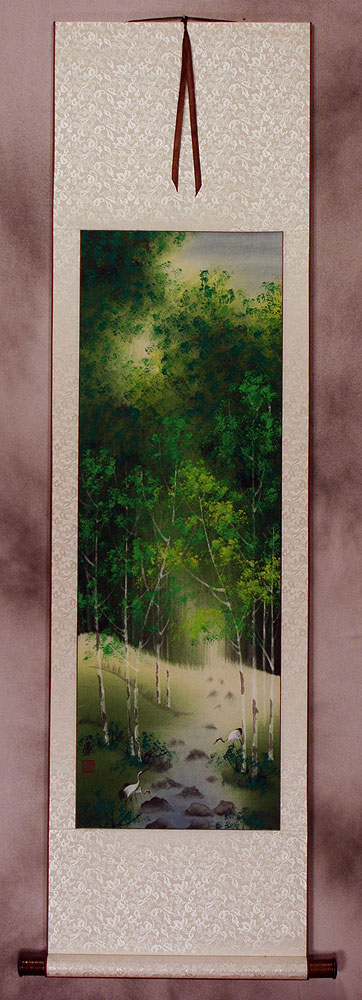 Singing Cranes - Asian Mountain Stream Wall Scroll
