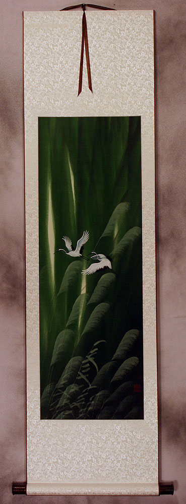 Summer Asian Cranes Landscape Wall Scroll