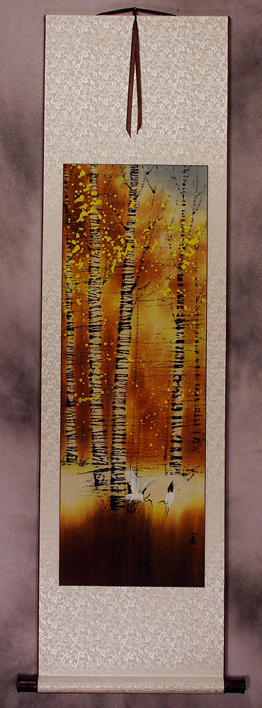 Autumn in Birch Forest - Asian Cranes Wall Scroll
