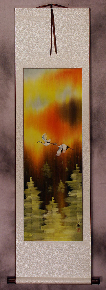 Cranes Taking Flight in Autumn Wall Scroll