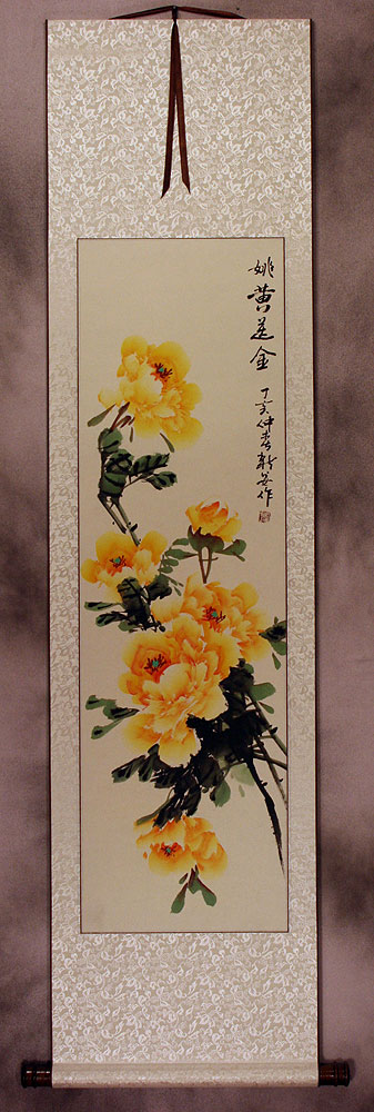 Yellow Peony Flower Wall Scroll