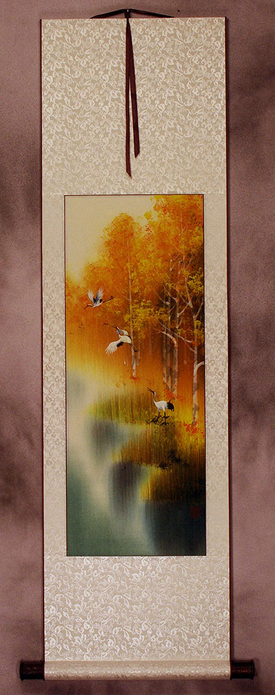 Autumn Rhyme - Colorful Cranes - Small Wall Scroll